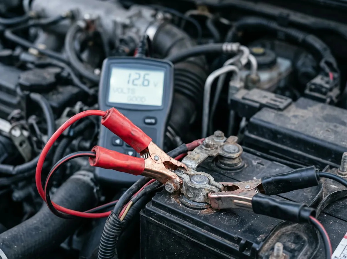 Batterietester mit Klemmen an einer Autobatterie